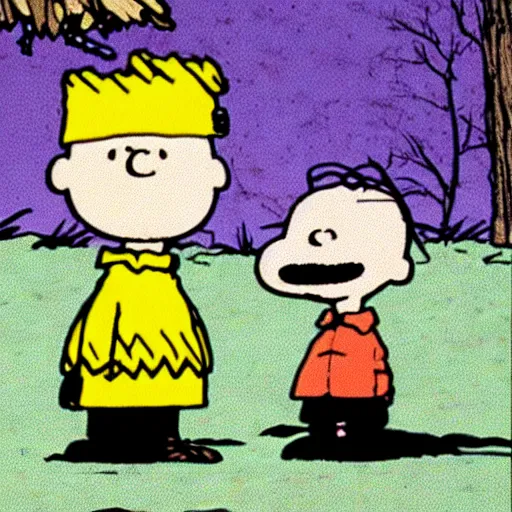 Image similar to charlie brown and linus in ending scene of the blair witch project,