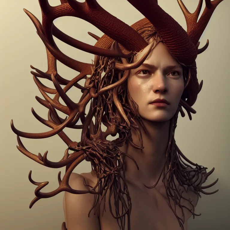 Image similar to portrait ms with ribbed body, covered with twisted ribbed crooked antlers, baroque portrait by rutkowsky and charles vess and james jean and erik jones and rhads, 3 d octane render, beautiful fine face features, intricate high details, sharp, ultradetailed, artistic photography