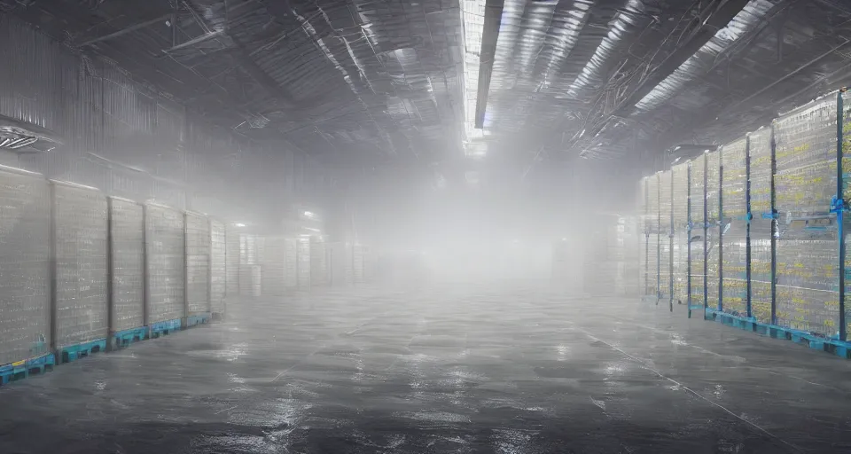 Image similar to illustration of rows of cryopods in a cold warehouse, refrigerated storage facility, rolling fog, greg rutkowski, cyberpunk, dramatic lighting, unreal engine 5, colorful