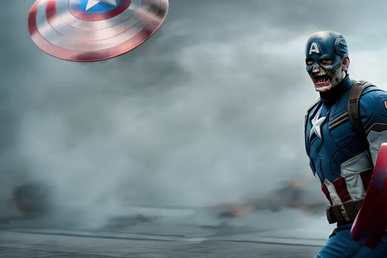 Image similar to film still of zombie Captain America in new avengers movie, 4k