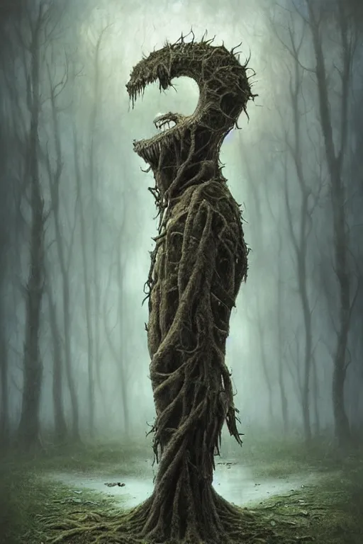 Prompt: a twisted and backwards and broken man who walks on his hands in a swamp. art by tomasz alen kopera.
