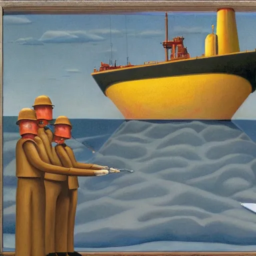 Image similar to hardened drill ship boring to the center of the earth, magma, core, heat, comedic, dystopian, grant wood, pj crook, edward hopper, oil on canvas