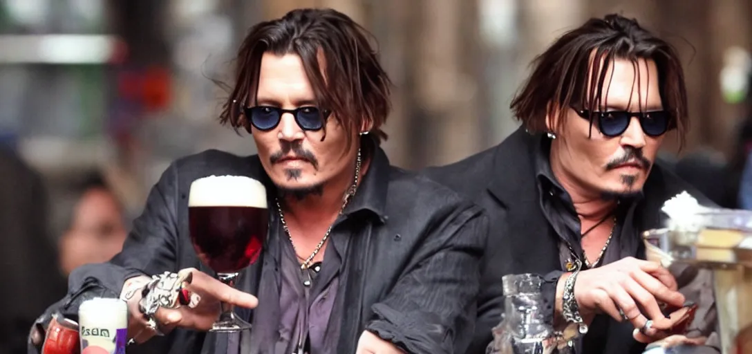 Image similar to johnny depp sipping a mega pint of red wine, cyberpunk