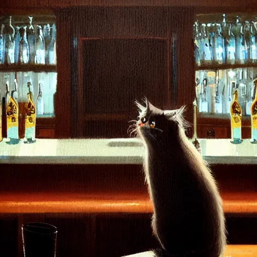 Image similar to of a british longhair cat sitting at the bar next to a beer, by greg rutkowski