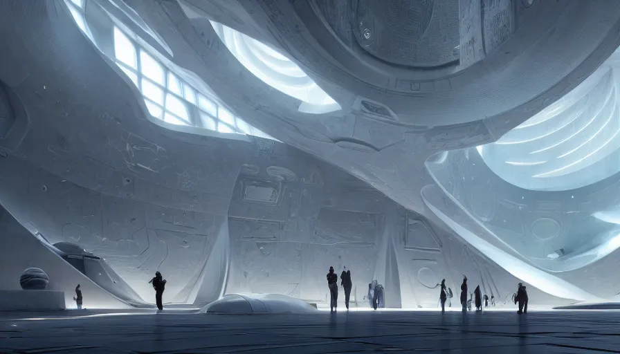 Image similar to the inside of a monument with space motifs, by tim blandin and arthur haas and bruce pennington and john schoenherr, big windows architecture by zaha hadid, octane render, cinematic, scenery, cgsociety, modernism, futuristic, trending on artstation, sci - fi, high detail, high quality, close up angle, people walking