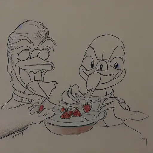 Prompt: donald trump and donald duck eating strawberries together, painting by rembrandt