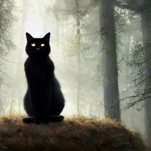 Prompt: a black cat seated and looking curiously, beautiful lighting, there is a forest in the background, texture, intricate, details, highly detailed animal, greg rutkowski style, masterpiece, trending on artstation, focus, sharp focus, concept art, digital painting, fantasy, sunny, day, golden hour