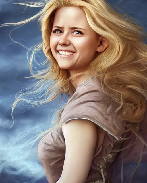 Prompt: happy smiling jenna fischer cleric, long blonde wind swept hair, ethereal, dreamy, backlit, highly detailed, stern expression, realistic lighting, sharp focus, windswept, rule of thirds, symmetrical facial features, by artgerm, wlop, rossdraws, frank frazetta, andrei riabovitchev, trending on artstation, hd, 4 k, fantasy