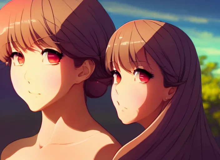 Image similar to two beautiful mothers outside on a hot summer evening, gorgeous faces, thick lines, cinematic lighting, detailed anime art