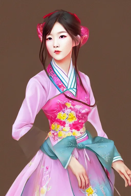 Image similar to pretty korean woman wearing beatiful hanbok, face by artgerm, bright pastel colors, trending on artstation