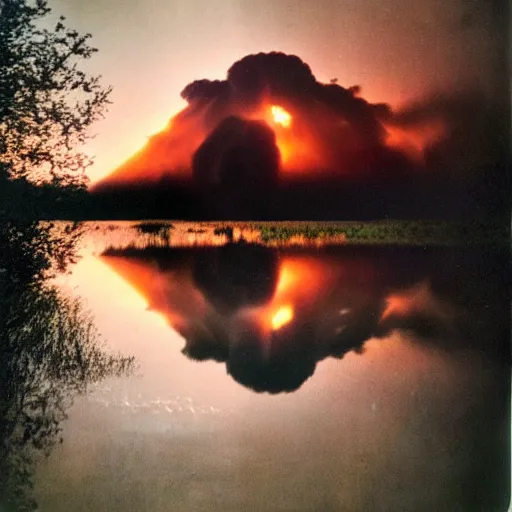 Image similar to dark selfie of a nuclear explosion in the louisiana swamps, pictorialism