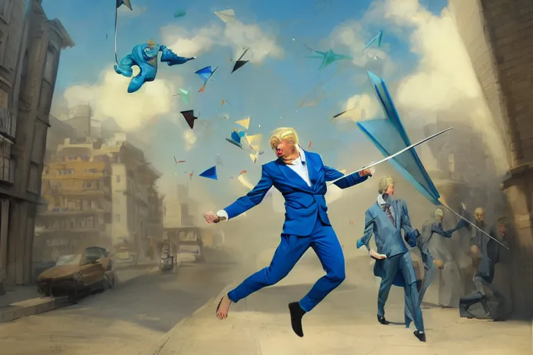 Image similar to a blond man in a blue suit attacked by flying swords, organic painting, sunny day, matte painting, bold shapes, hard edges, street art, trending on artstation, by huang guangjian, gil elvgren, ruan jia, randy vargas, greg rutkowski