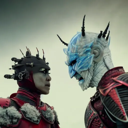 Image similar to justin sun as night king versus huge crimson - black warrior bee, 4 k, epic, cinematic, focus, movie still, fantasy, extreme detail, atmospheric, dark colour, sharp focus