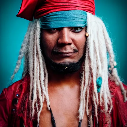 Prompt: portrait photo a black albino pirate Man with red headband, 70mm sigma lens, cinematic lighting, movie still, HD, teal color graded