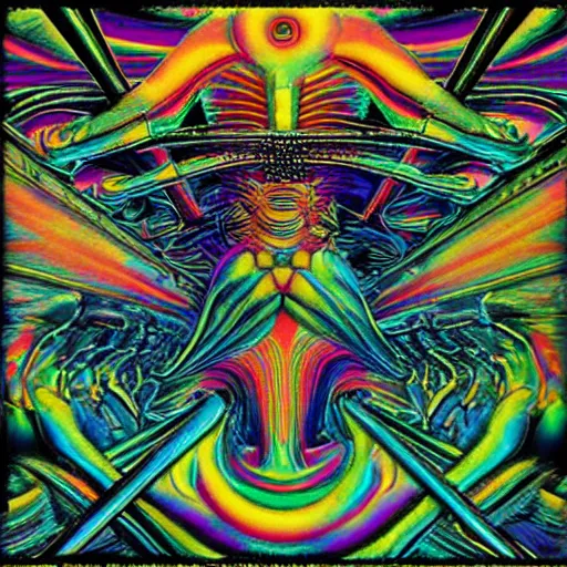 Prompt: post - punk new age album cover, psychedelic, holographic colors, magic, giger h. r.