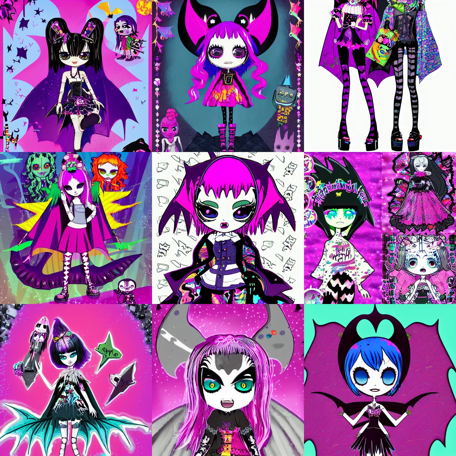 Prompt: lisa frank gothic emo punk decora vampiric rockstar vampire squid wearing a bat shaped poncho cape with platform shoes character designs of various shapes and sizes by genndy tartakovsky and monster high for the new hotel transylvania film | sanrio glitchcore yokai girl, shadowverse character concept, found footage horror, glitter gif