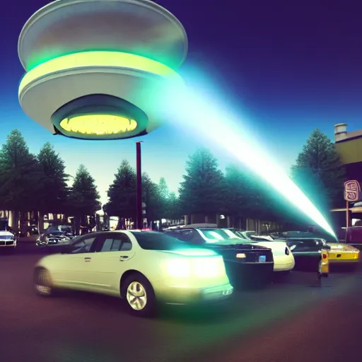 Image similar to a photo of a ufo parked amidst cars at a mall parking lot, misterious, volumetric lighting