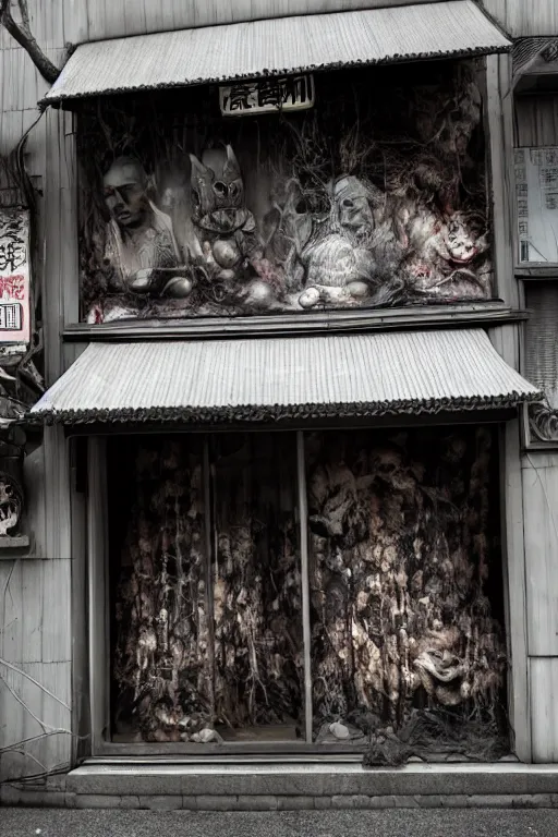 Image similar to 35mm photo of scary haunted japanese storefront, realistic materials, creepy, textures, dark horror, photo realistic, photoreal, detailed, nightmare, sharp focus