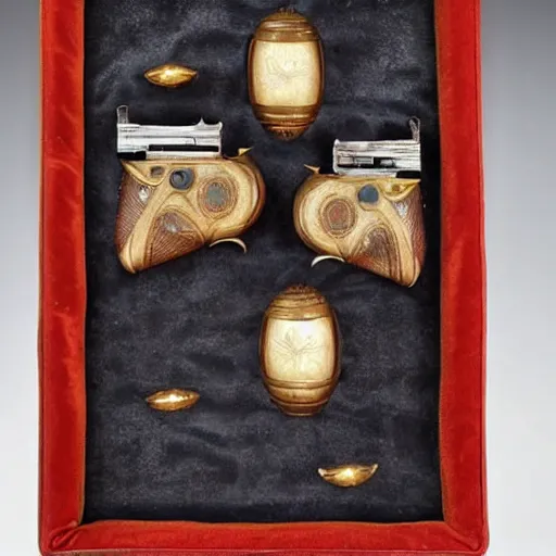 Image similar to an elegant set of victorian dueling pistols decorated with an apple theme, in a velvet lined case