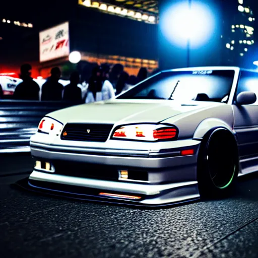 Image similar to a car JZX100 twin turbo drift at illegal car meet, Shibuya prefecture, city midnight mist lights, cinematic lighting, photorealistic, highly detailed wheels, high detail