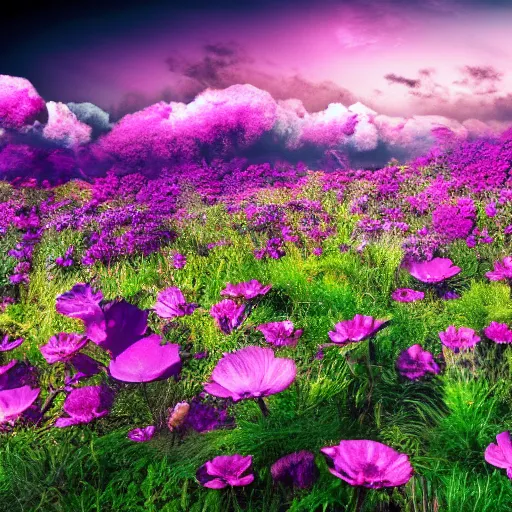 Image similar to Landscape photo of beautiful alien world, with purple skies and large flowers, wallpaper, 8k, award winning photo