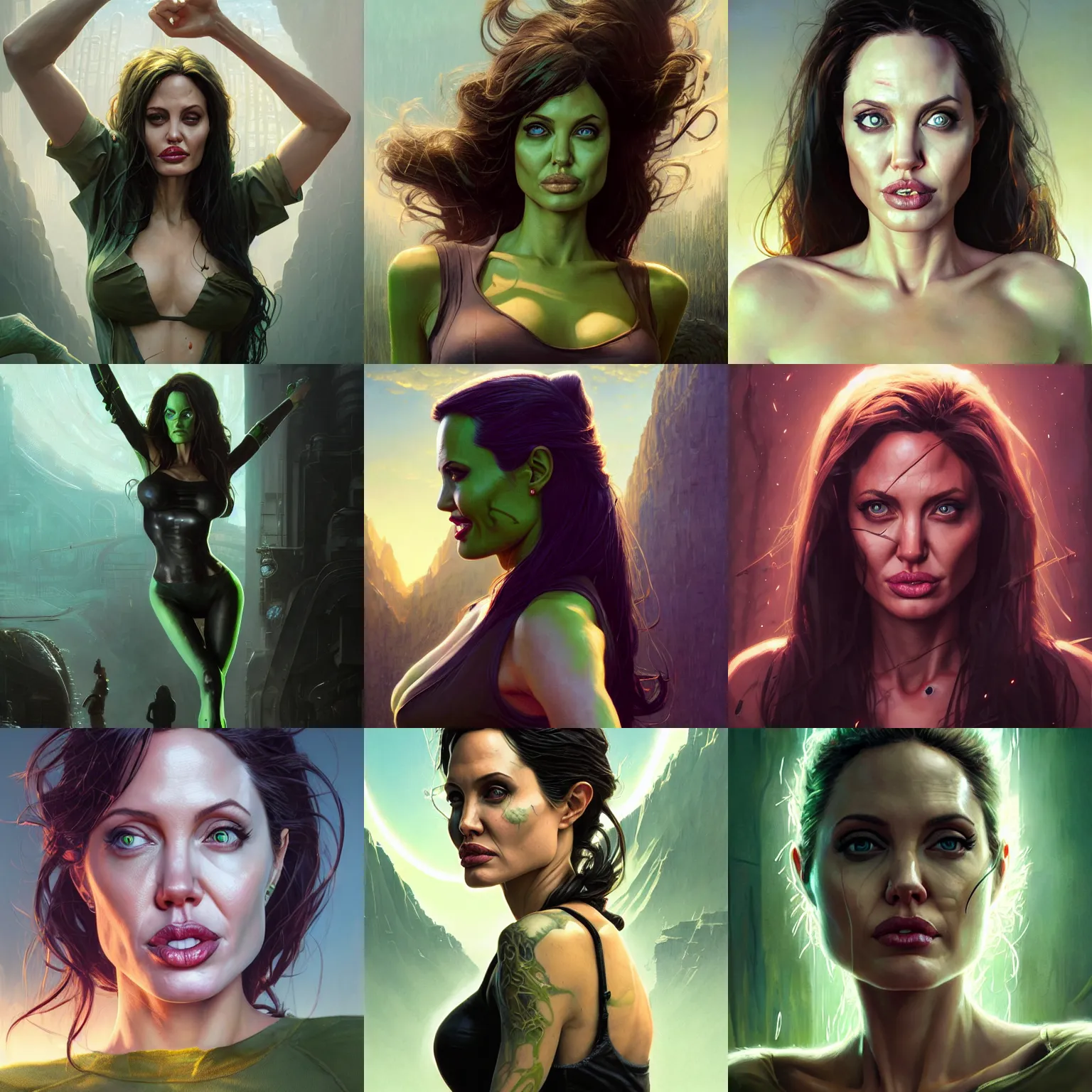 Prompt: highly detailed portrait of angelina jolie as she - hulk, stephen bliss, unreal engine, fantasy art by greg rutkowski, loish, rhads, ferdinand knab, makoto shinkai and lois van baarle, ilya kuvshinov, rossdraws, tom bagshaw, global illumination, radiant light, detailed and intricate environment