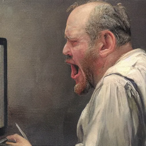 Image similar to an angry man yells at his computer monitor, oil on canvas, 1 8 8 3, highly detailed