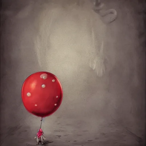 Image similar to surrealism grunge cartoon sketch of a sad little girlwith a wide smile and a red balloon by - michael karcz, loony toons style, horror theme, detailed, elegant, intricate