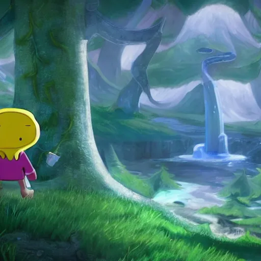 Image similar to finn and jake from adventure time in final fantasy 7, highly detailed painting, unreal engine