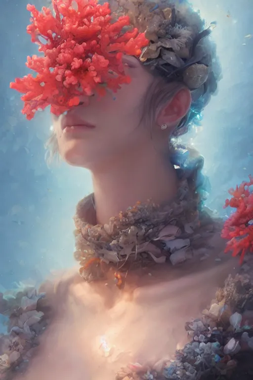 Prompt: face closeup of beautiful girl covered with coral reef and ice, 3 d render, hyper realistic detailed portrait, holding magic flowers, ruan jia, wlop. scifi, fantasy, hyper detailed, octane render, concept art, by peter mohrbacher, by wlop, by ruan jia