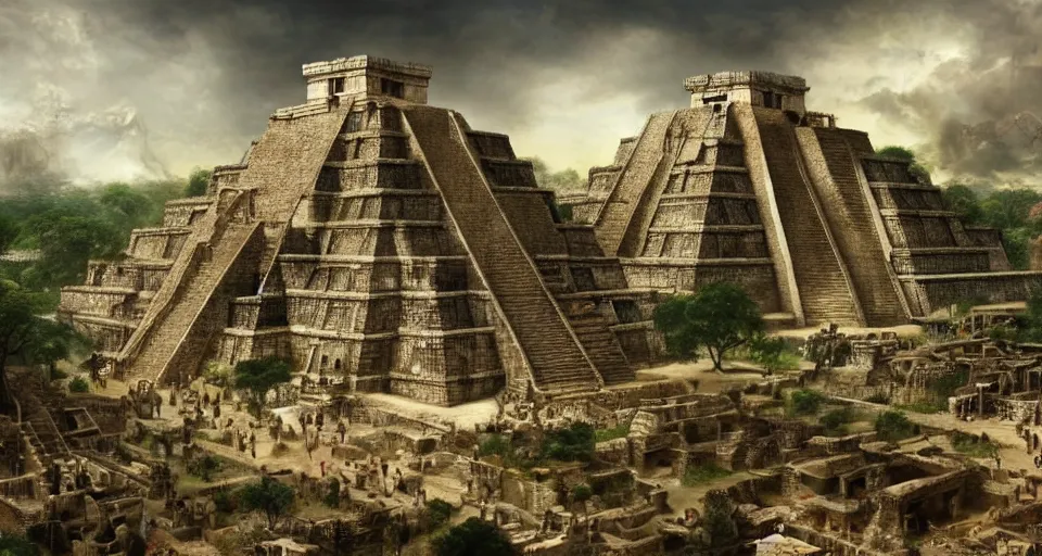 Prompt: digital paintig of a mayan city with thousands of small and interesting buildings, crowded and populated, with a huge mayan pyramid in a landscape with waterfalls, compositing, cinematography, matte painting, epic composition, cinematic lighting, masterpiece, trending on artstation, very very detailed, stunning, inspired by Pre-Raphaelites, painted by Greg Rutkowski and Ilya Repin