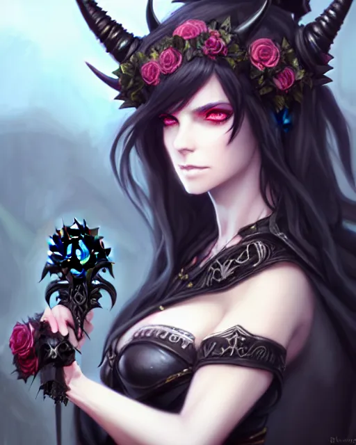 Image similar to dark sorceress in beautiful dress surrounded by black roses horns and skulls, cushart krenz, very detailed, realistic face, detailed face, matte, tonemapping, bbwchan, perfection, 4 k, cushart krenz