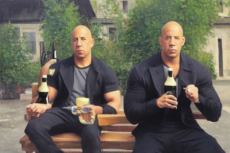 Prompt: vin diesel in an black sport adidas suite sits on a bench with a bottle of beer in the courtyard of a provincial russian town, oil on canvas, naturalism