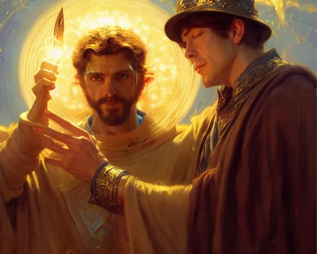 Image similar to attractive wizard man, casting light magic, summoning a handsome deity. highly detailed painting by gaston bussiere, craig mullins, j. c. leyendecker 8 k