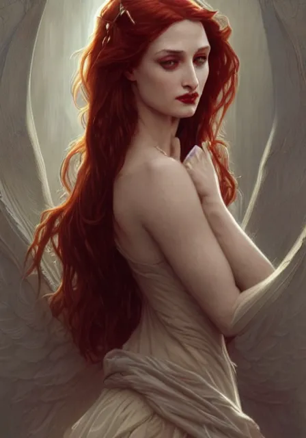 Image similar to sansa angeline jolie gessica chastain vampire, intricate, elegant, highly detailed, digital painting, artstation, concept art, smooth, sharp focus, illustration, art by artgerm and greg rutkowski and alphonse mucha and william - adolphe bouguereau