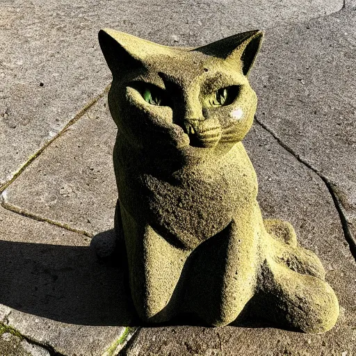 Prompt: stone cat statue mossy, dramatic lighting