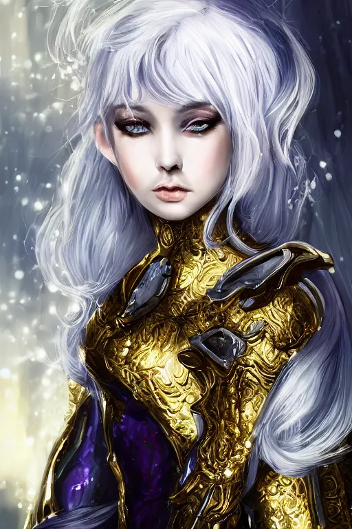 Prompt: portrait evilly knights of Zodiac girl, white hair, metalic deep purple and black reflected armor, in ruined Agora of Athens thuder flash night, sparkling, ssci-fi, fantasy, intricate, very very beautiful, elegant, golden light, highly detailed, digital painting, artstation, concept art, smooth, sharp focus, illustration, art by tian zi and WLOP and alphonse mucha