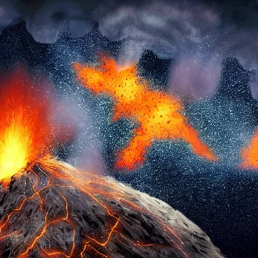 Image similar to fiery meteorite crashing into an active volcano, artist's impression