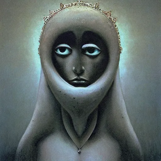 Prompt: Artemixel, the modern reincarnation of the old selenium god of hunt and moon, also known as Artemis or Selene, carrying the crown of the crescent moon. They are crowned by a bright and slightly bluish crescent like the brightness of the night. Portrait by Zdzislaw Beksinski, oil on canvas. Masterpiece.