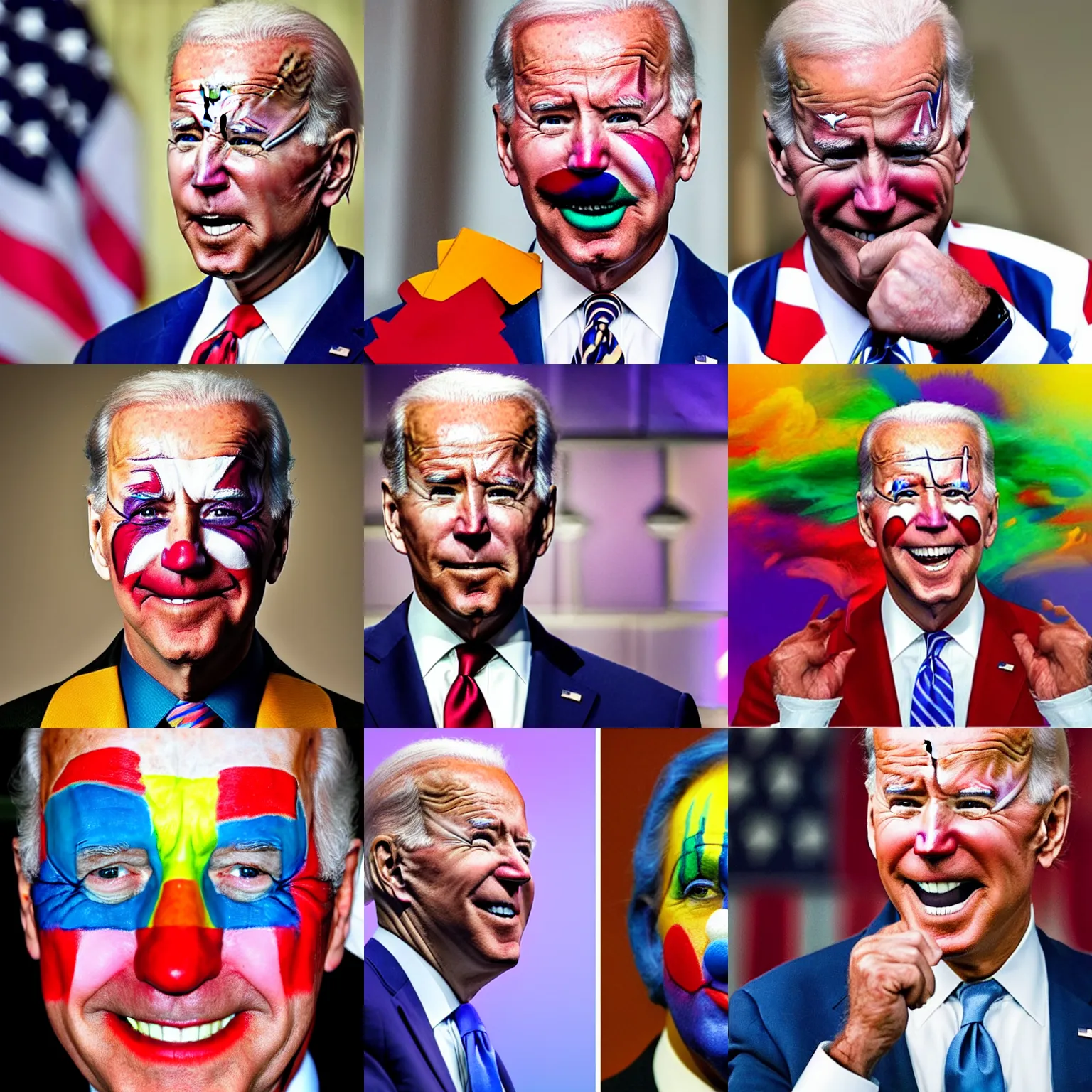 Image similar to Joe Biden with colorful clown makeup all over his face