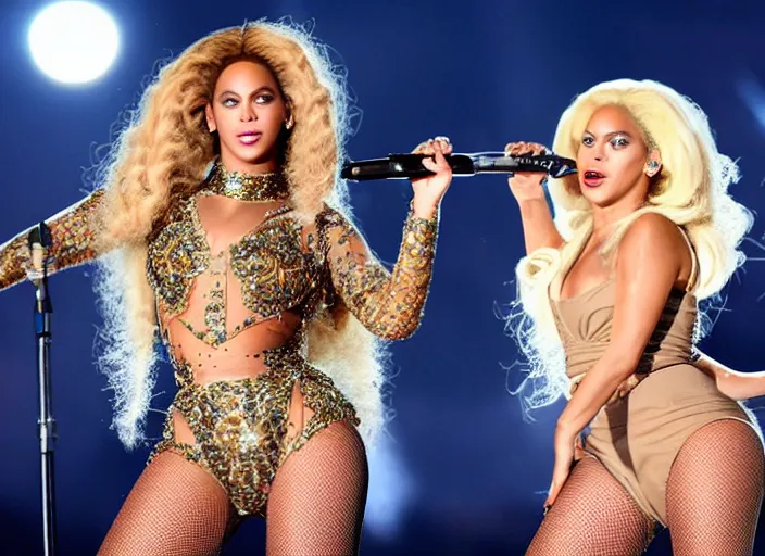Image similar to beyonce and lady gaga perform together at a concert, ( eos 5 ds r, iso 1 0 0, f / 8, 1 / 1 2 5, 8 4 mm, postprocessed, crisp face, facial features )