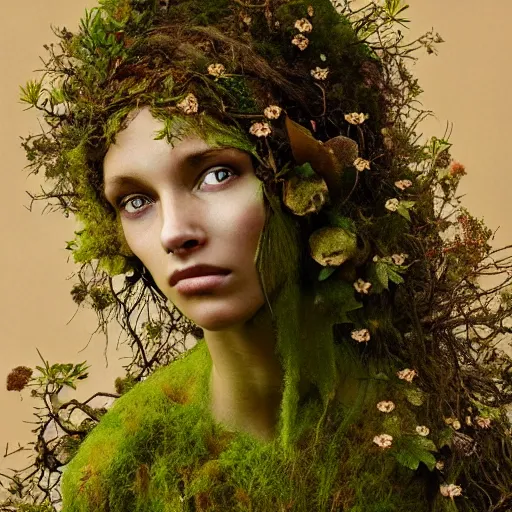 Prompt: beautiful portrait of a forest dryad, her skin made of moss, flowers growing from her head, golden sunlight, extremely detailed, hyperrealistic, photo by annie leibovitz, masterpiece, award-winning