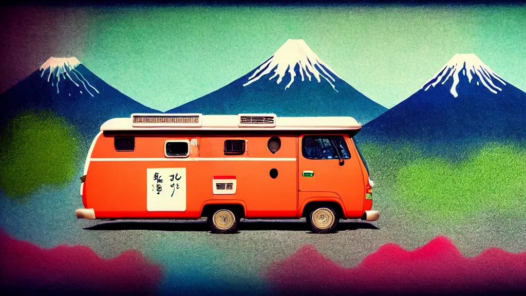 Image similar to japan various natural splendor and rural wonders, camper touring, a collage painting, in the style of wes anderson, lola dupre, david hockney, isolated on negative space background dark monochrome neon spraypaint accents volumetric octane render