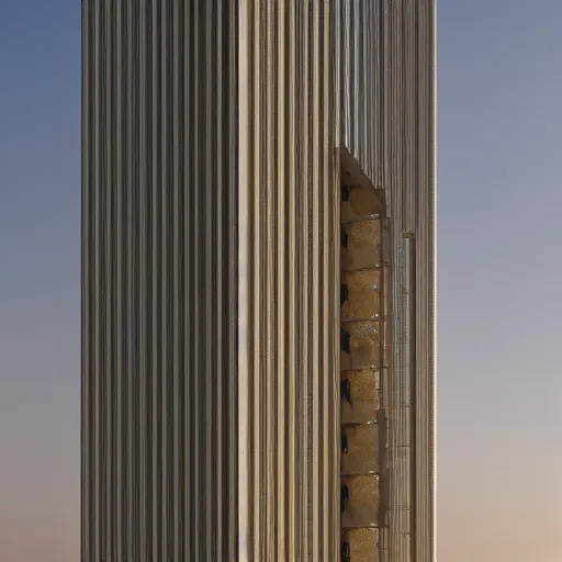 Prompt: 2 0 0 m tall tower made of beige stone and gold mesh screens, contemporary design, solid massing, engraving and inscriptions on the facade, vegetated roofs, photorealism, octane render, hyper realistic, 8 k