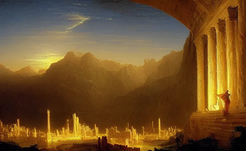 Prompt: a city of light under the ancient runs by thomas cole