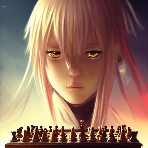 Image similar to rimuru tempest from tensura playing chess, with amber eyes of golden colored eyes, straight hair, sky blue hair, long bangs, high collar, concept art, award winning photography, digital painting, cinematic, wlop, 8 k, by ross tran, tom bagshaw, andy warhol