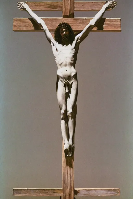 Prompt: a huge light beam illuminating jesus christ crucified painted by cy twombly and andy warhol