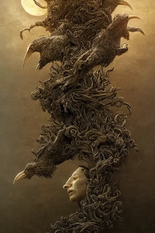 Image similar to Intricate stunning highly detailed surreal ravens by agostino arrivabene and Seb McKinnon, sculpture, ultra realistic, Horror vacui, full moon, thick swirling smoke tornado, fire embers, trending on artstation