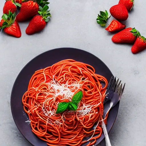 Prompt: spaghetti [ made with [ strawberry noodles ]!! ], trending on unsplash, [ 4 k photorealism ]!!, professional photography, [ overhead view ]!, shot by jimmy nelson