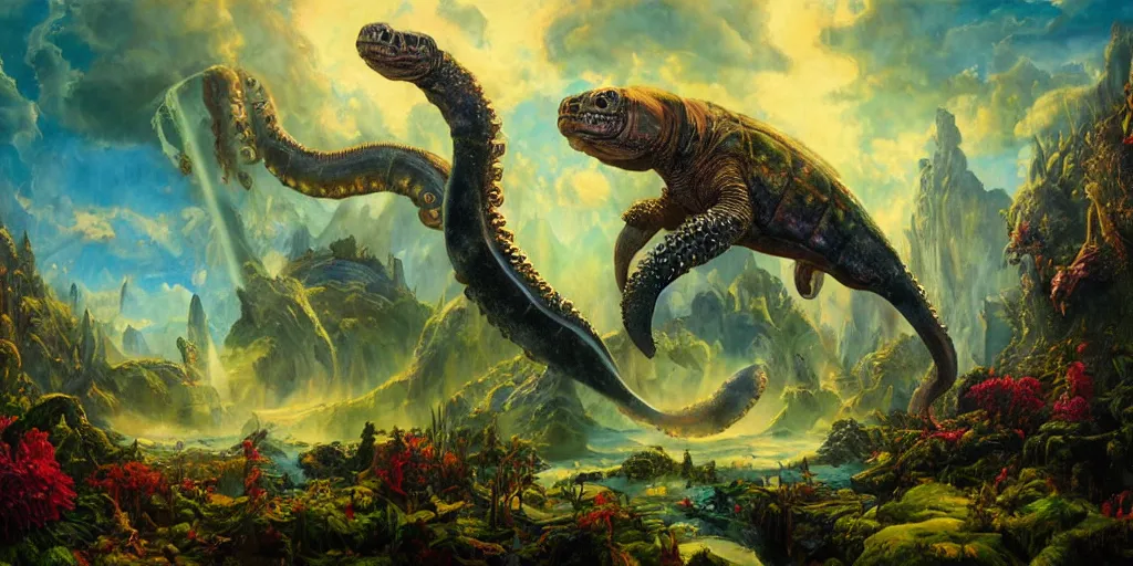 Image similar to fantasy oil painting, great leviathan, cybernetic turtle cephalopod terrapin reptilian pachyderm squid, bella hadid, hybrid, milla jovovich, anubis, epic natural light, lush plants flowers, spectacular mountains, bright clouds, luminous sky, outer worlds, golden hour, michael cheval, edward hopper, michael whelan, vray, hd